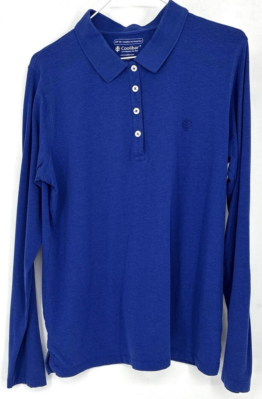 Wmns Blue Coolibar Polo UPF50+ Sun Protection Golf Tennis LS Button Top L